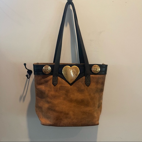 LEATHER TOTE BAG WITHE VINTAGE CIVIL WAR CALVARY HEART BRIDLE ROSETTES - Picture 12 of 16